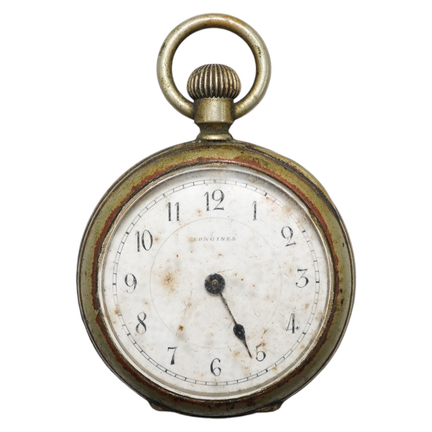 An early 20th century Longines base metal keyless pocket watch. Condition - poor, movement not going